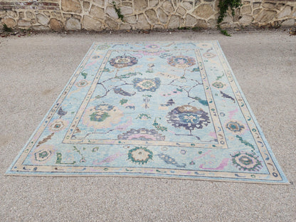9x10 Oushak Rug: Pastel Blue Floral Up Cycled Wool Carpet, Vintage Boho Style,