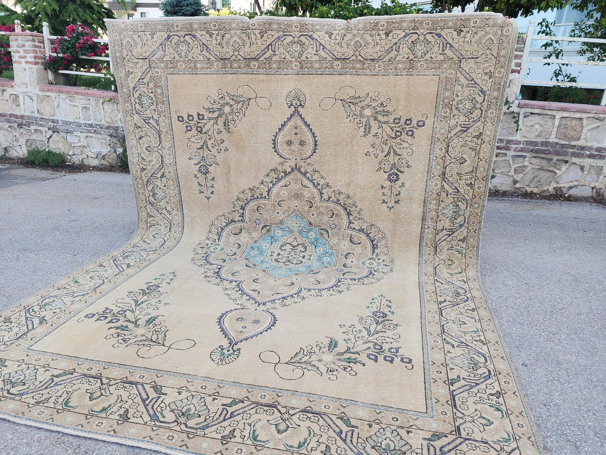 Hand Knotted Wool Area Rug 9x12: Blue Medallion and Beige Vintage Farmhouse Rug