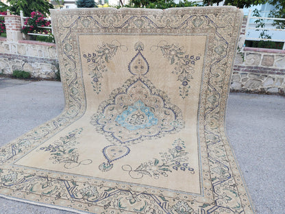 Hand Knotted Wool Area Rug 9x12: Blue Medallion and Beige Vintage Farmhouse Rug