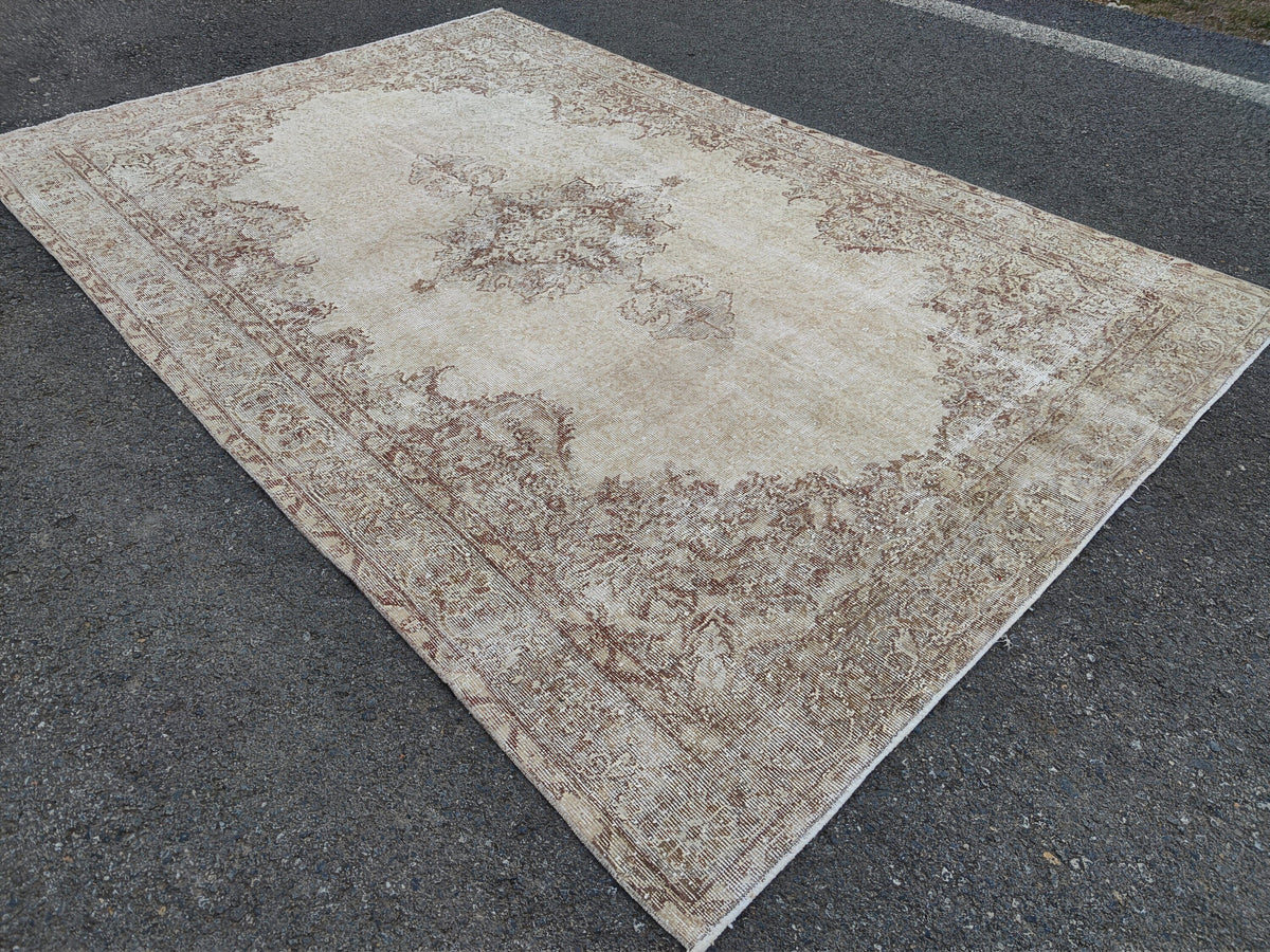 Medallion Area Rug 6x10, Bohemian Rustic Decor, Turkish Hand Knotted Carpet, Beige and Brown