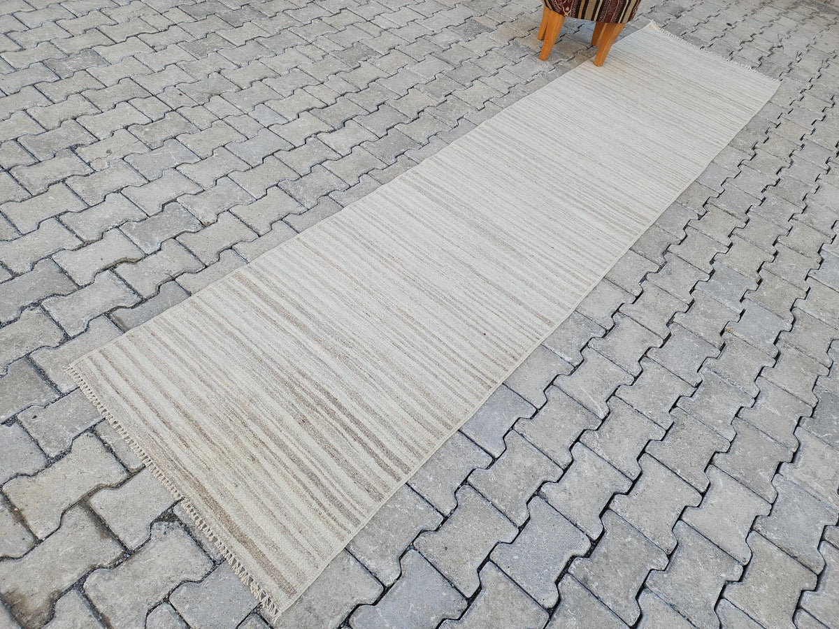2x11 Neutral Turkish Kilim Runner Rug: Hand-Knotted Wool, Bohemian Hallway Decor