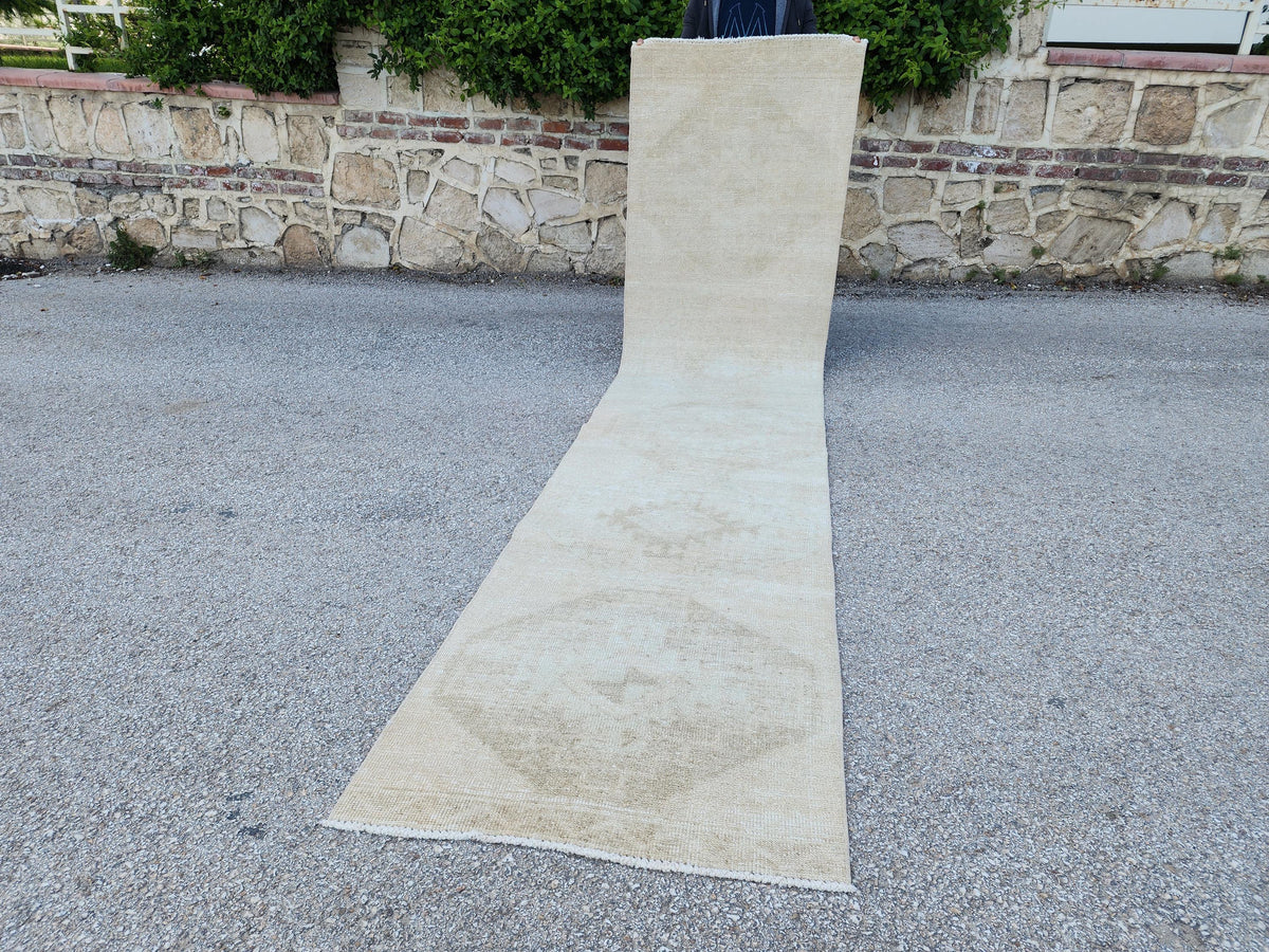 Beige Wool Runner Rug 3x12: Handmade Oriental Farmhouse Decor