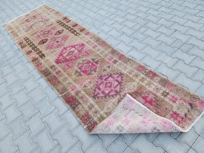 3x11 Vintage Runner Rug : Herki Handwoven Wool, Pink & Brown