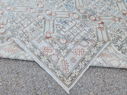 6x9 Neutral Turkish Rug: Geometric Wool & Cotton, Rustic Dining Room Decor