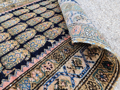 Antique Caucasian Runner Rug 3x17 ft | 100-Year-Old Hand-Knotted Wool Rug | Navy Blue Floral Gallery Runner