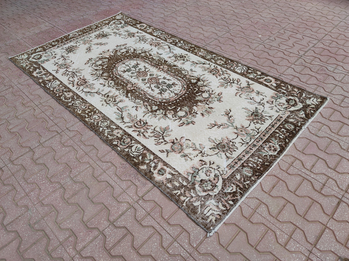 Vintage Oushak Rug 3x6: Handwoven Wool & Cotton Turkish Rug