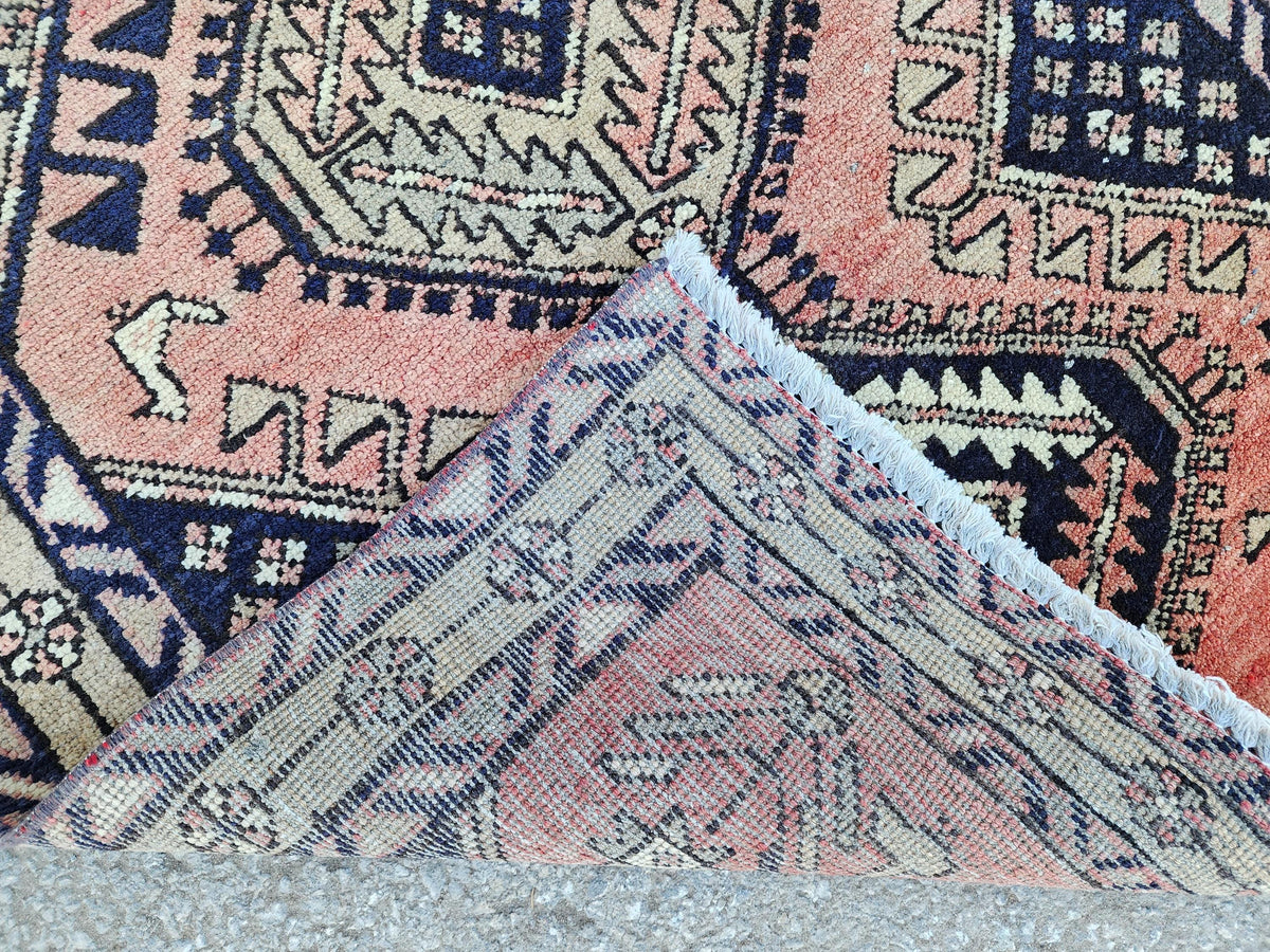 3x10 Hand Made Runner Rug: Persian Medallion Design Rug, Faded Red and Blue Border