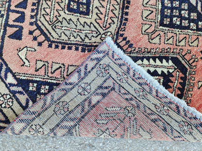 3x10 Hand Made Runner Rug: Persian Medallion Design Rug, Faded Red and Blue Border