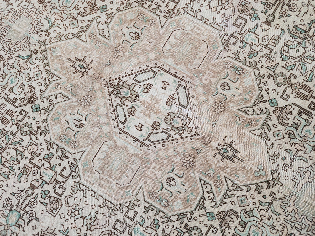 Vintage Neutral Rug 9x12, Up Cycled Wool, Hand Knotted Geometric Design, Brown and Beige