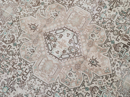 Vintage Neutral Rug 9x12, Up Cycled Wool, Hand Knotted Geometric Design, Brown and Beige