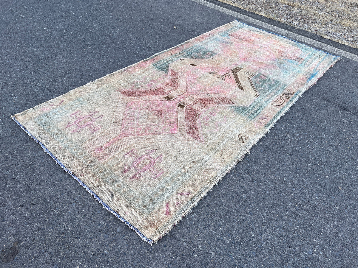 Vintage Turkish Wool Area Rug 4x9: Oriental Entryway Rug