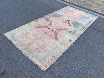 Vintage Turkish Wool Area Rug 4x9: Oriental Entryway Rug