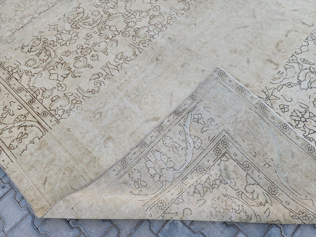 Vintage Hand Knotted Wool Rug 9×12, Persian Beige Oriental Traditional Carpet