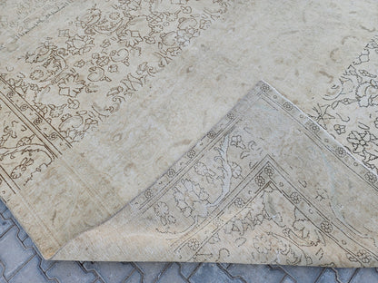 Vintage Hand Knotted Wool Rug 9×12, Persian Beige Oriental Traditional Carpet