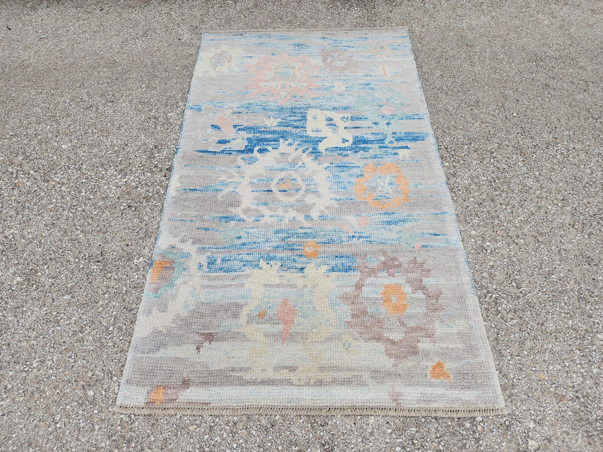 2x4 Small Oushak Rug: Abstract Blue, Up cycled Carpet, Home Wool Decor