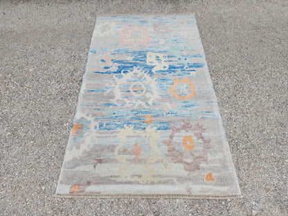 2x4 Small Oushak Rug: Abstract Blue, Up cycled Carpet, Home Wool Decor