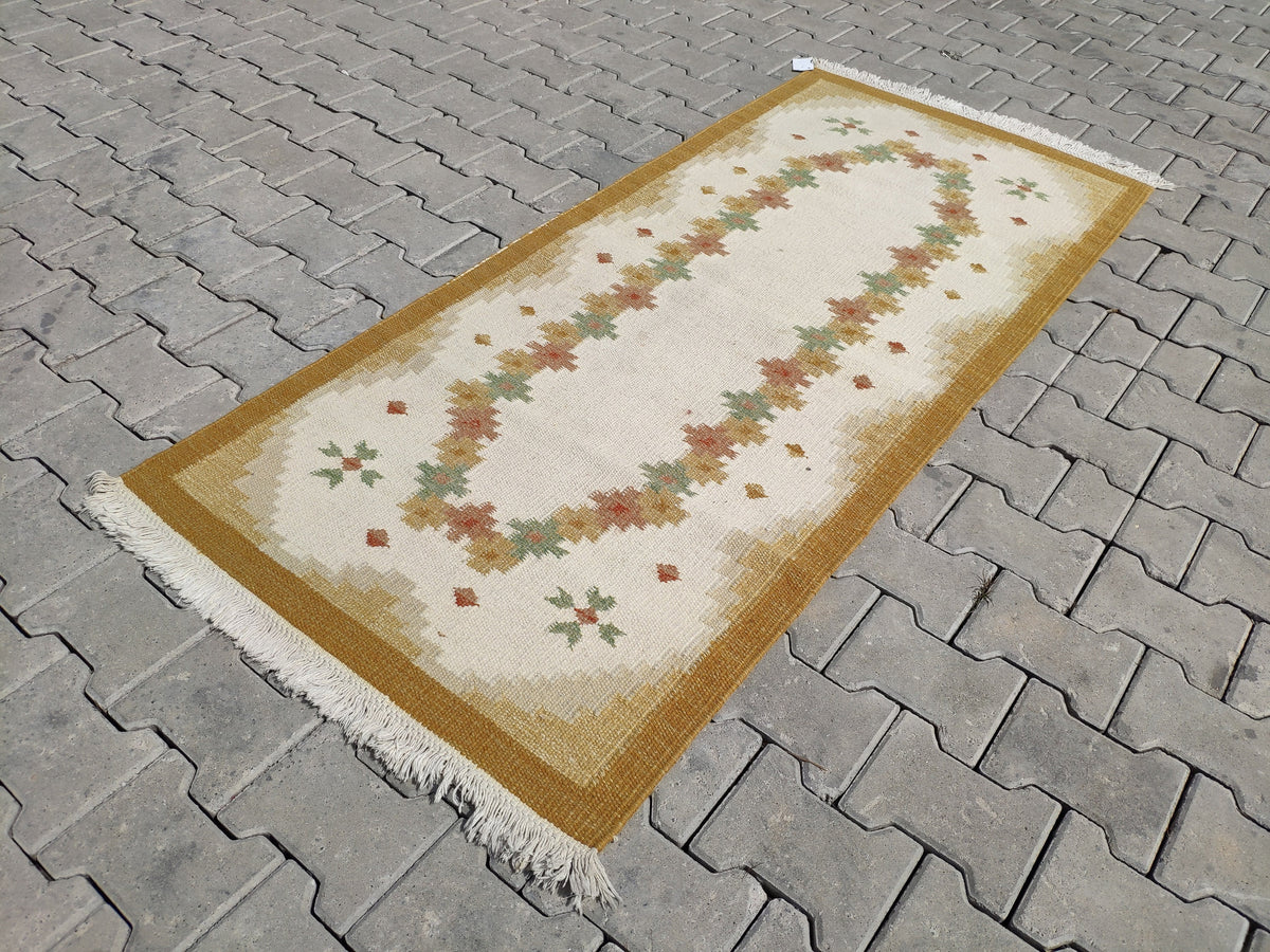Eclectic Kilim Rug 3x6: Beige Turkish Handmade Rug