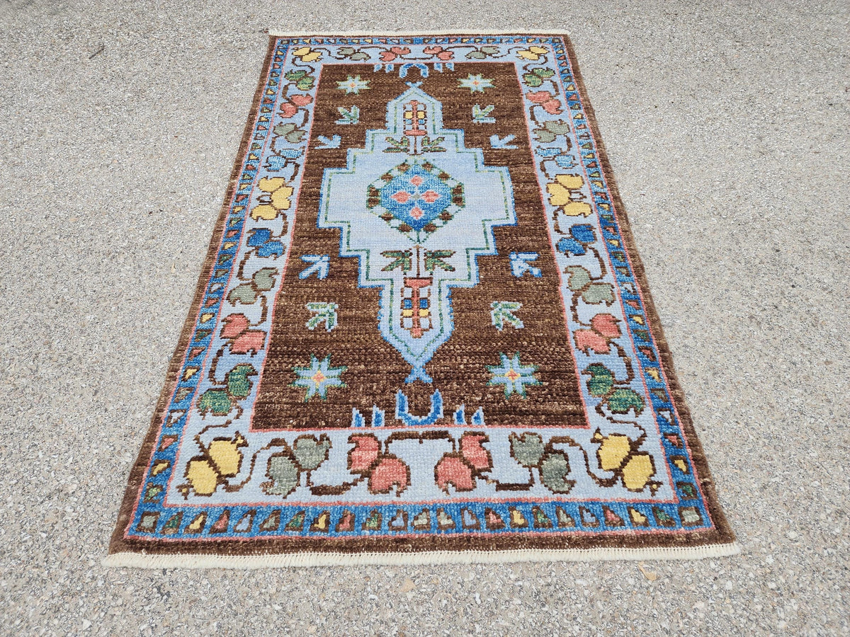 Handwoven 3x5 Oushak Rug: Turkish Wool, Brown & Blue Floral