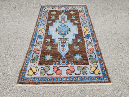 Handwoven 3x5 Oushak Rug: Turkish Wool, Brown & Blue Floral