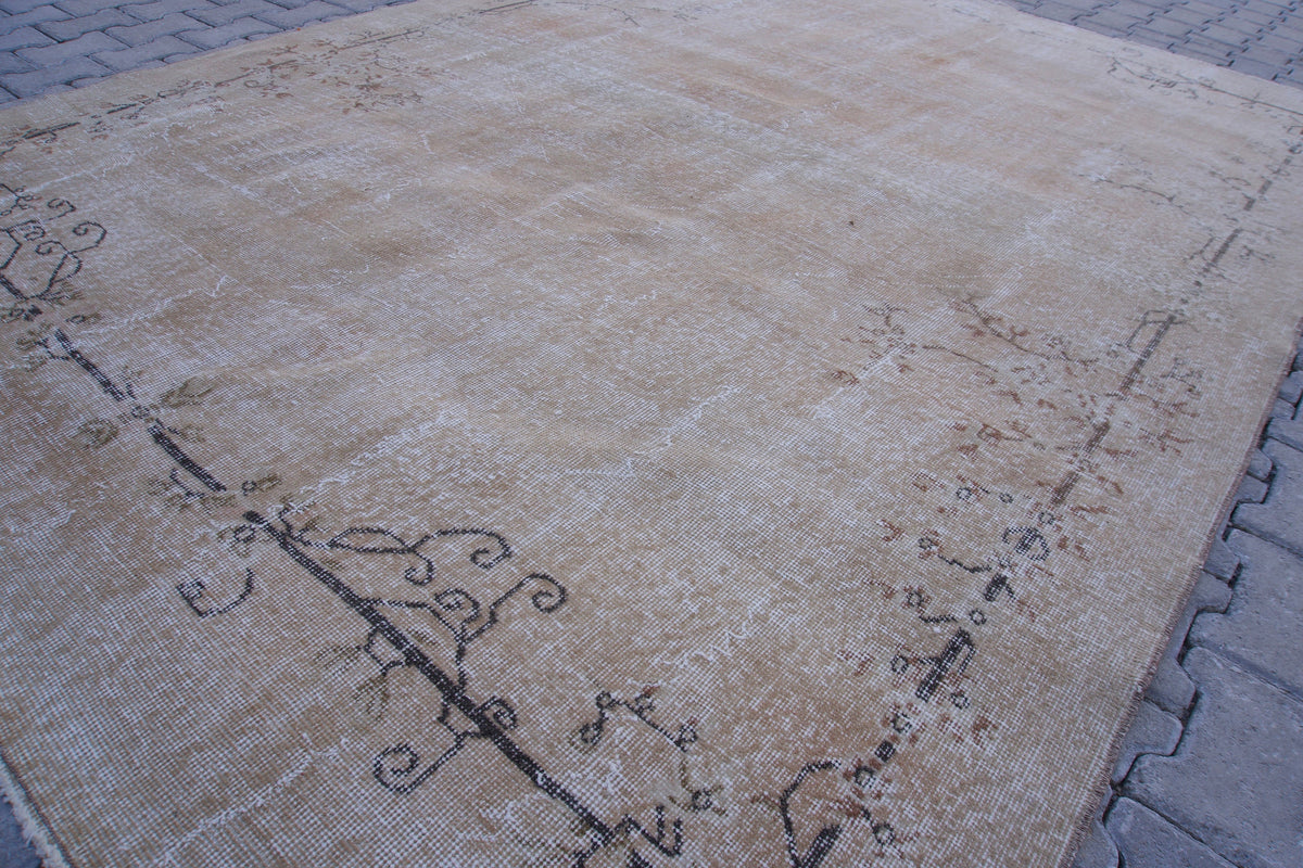 7x9 Handwoven Turkish Oushak Rug: Tan Bohemian Wool & Cotton