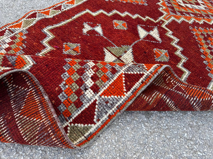 3x13 Long Herki Runner Rug: Vintage Handwoven Wool Orange and Brown Tribal Geometric Design