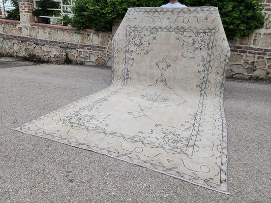 Hand Knotted Turkish Oushak Rug 7x11: Neutral Vintage Wool Farmhouse Decor