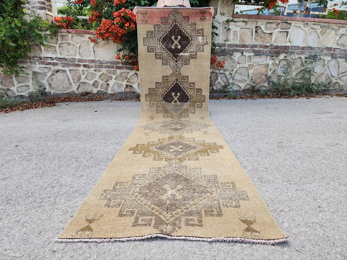Neutral Wool Runner Rug 2.7x11 ft, Turkish Hand Knotted Beige and Brown, Home Kitchen Decor