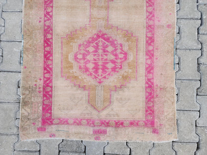 Vintage Pink Wool Oushak Runner Rug - 3x9 Oriental Entryway Rug