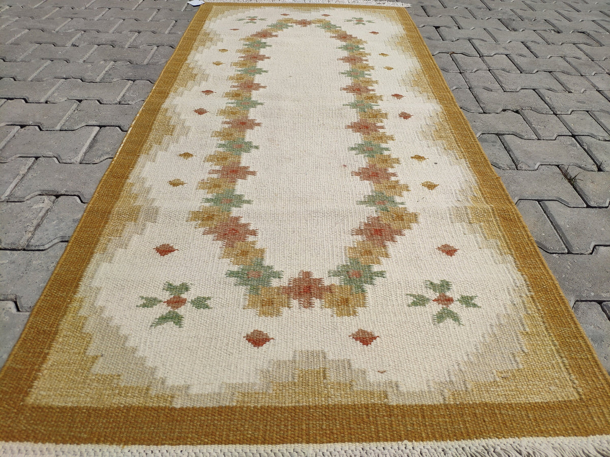 Eclectic Kilim Rug 3x6: Beige Turkish Handmade Rug