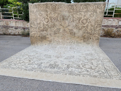 Neutral Large Rug 9x12, Hand Knotted, Green and Beige Rug, Living Room Decor
