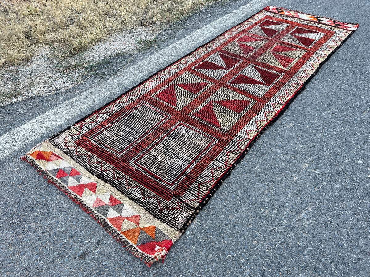 Handwoven Vintage Herki Rug: Geometric Bohemian Runner (3x10)
