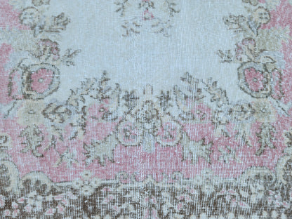 Handwoven Turkish Oushak Rug 4x7: Pink Rose Wool Rug