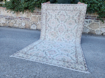 Neutral Wool Rug 4x7: Turkish Oushak Hand Knotted, Floral Design