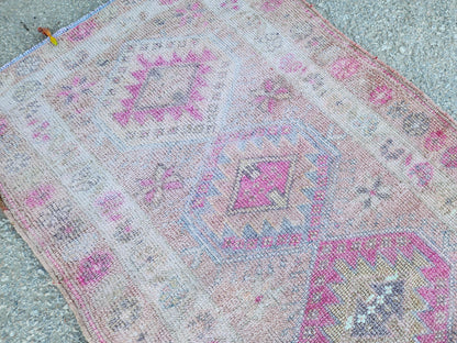 Turkish Runner Rug 2.7x11.2 ft, Soft Wool Pink Color, Hallway Rustic Decor