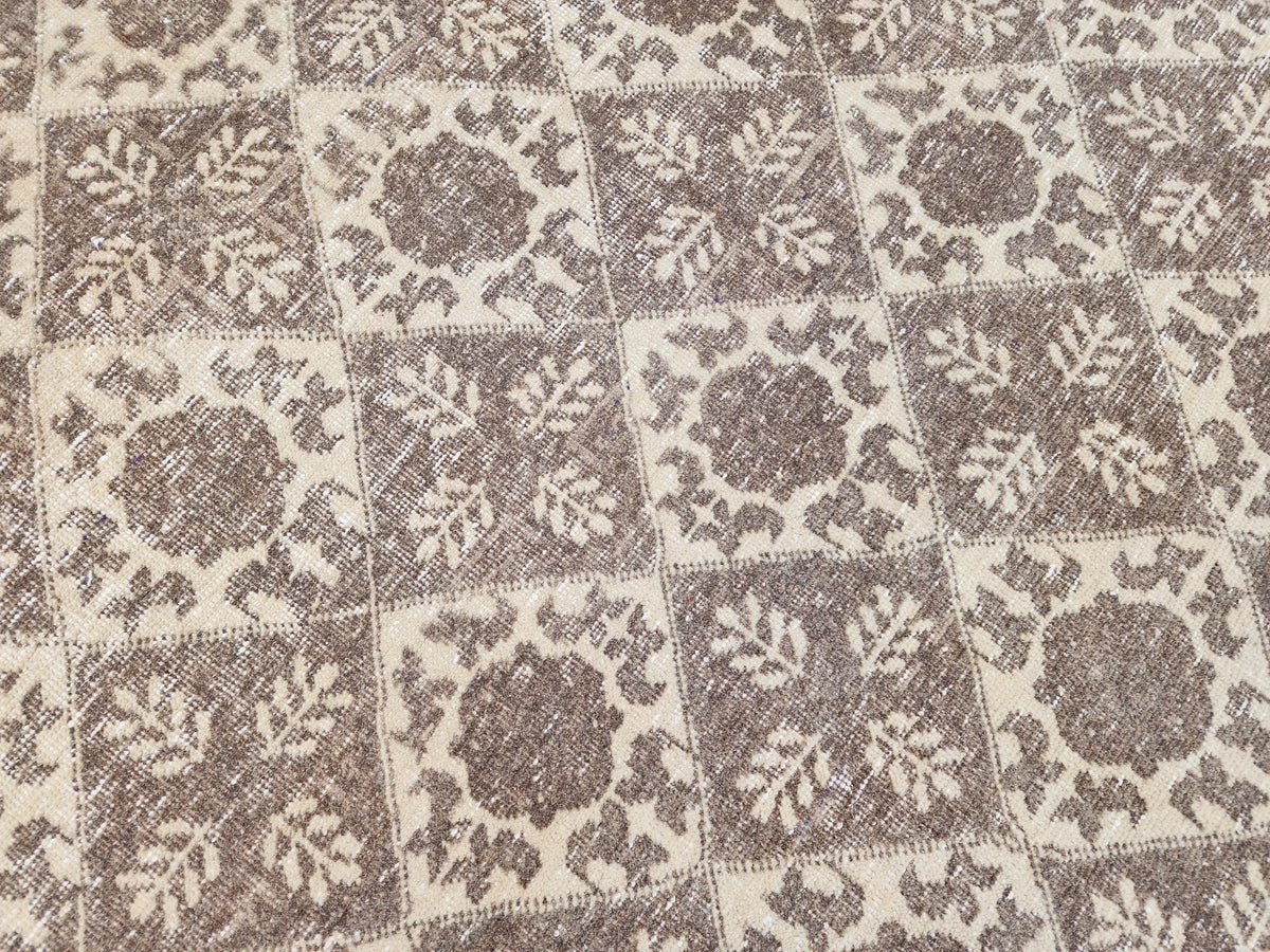 3x7 Vintage Area Rug, Brown Geometric Design Carpet, Hand Made Turkish Wool