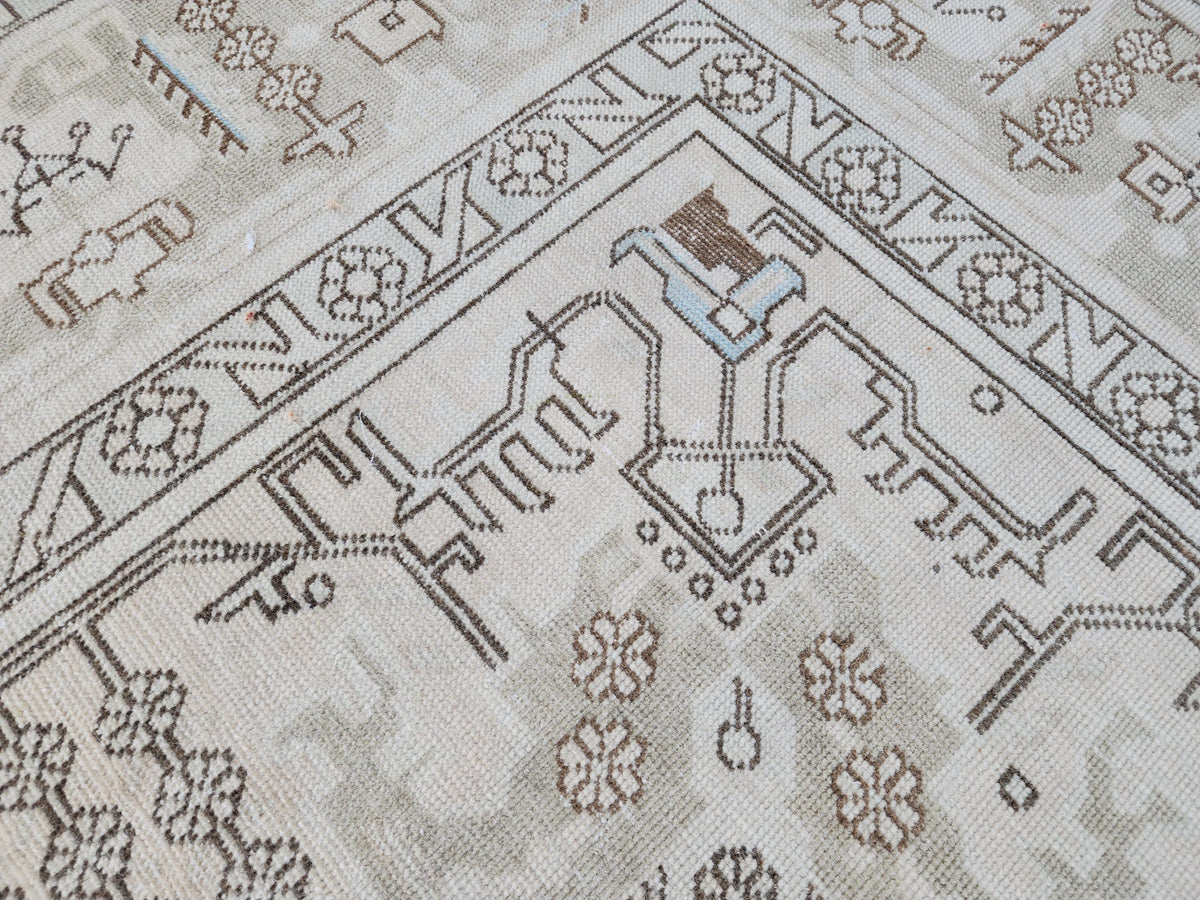 Vintage 9x13 Neutral Oriental Rug: Hand Woven Wool Cotton Area Rug, Geometric Pattern Carpet