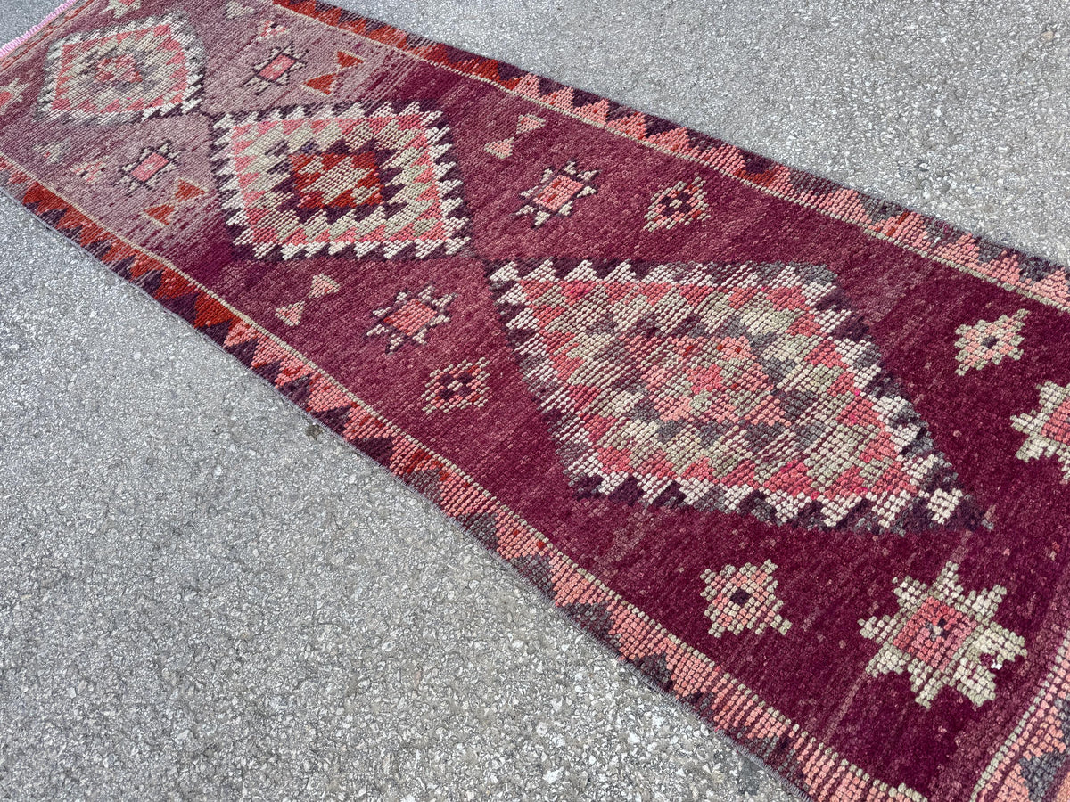 2x8 Tribal Medallion Runner: Handwoven Turkish Wool Purple and Red with Geometric Motifs