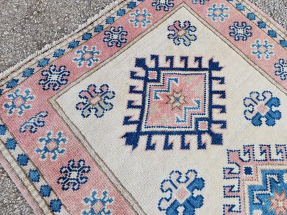 3x5 Anatolian Rug, Bohemian Turkish Hand Made Wool Carpet, Beige and Blue Color