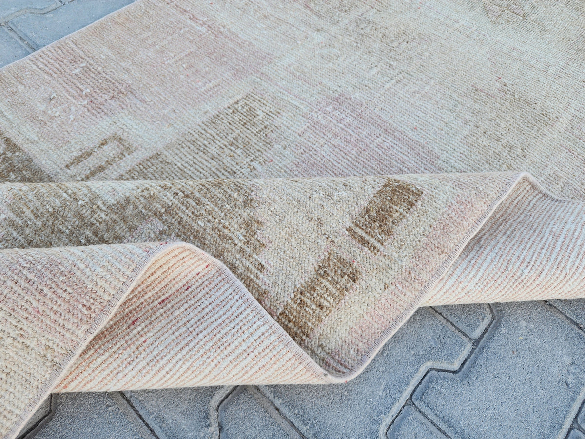 3x11 Turkish Runner Rug: Hand Woven Wool Neutral Beige with Subtle Geometric Pattern