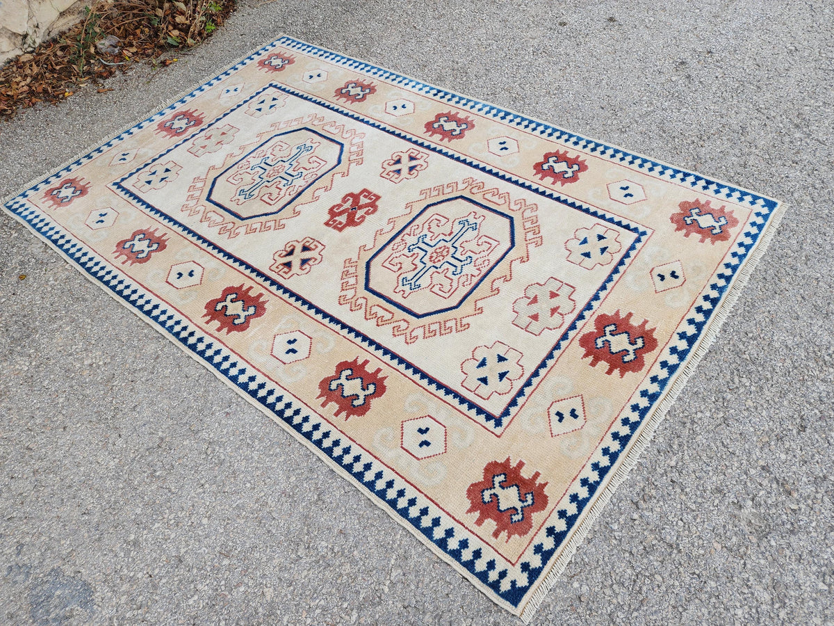 4x6 Hand Made Anatolian Rug,  Pink, Blue, Red Distressed Area Carpet, Farmhouse Decor