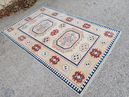 4x6 Hand Made Anatolian Rug,  Pink, Blue, Red Distressed Area Carpet, Farmhouse Decor
