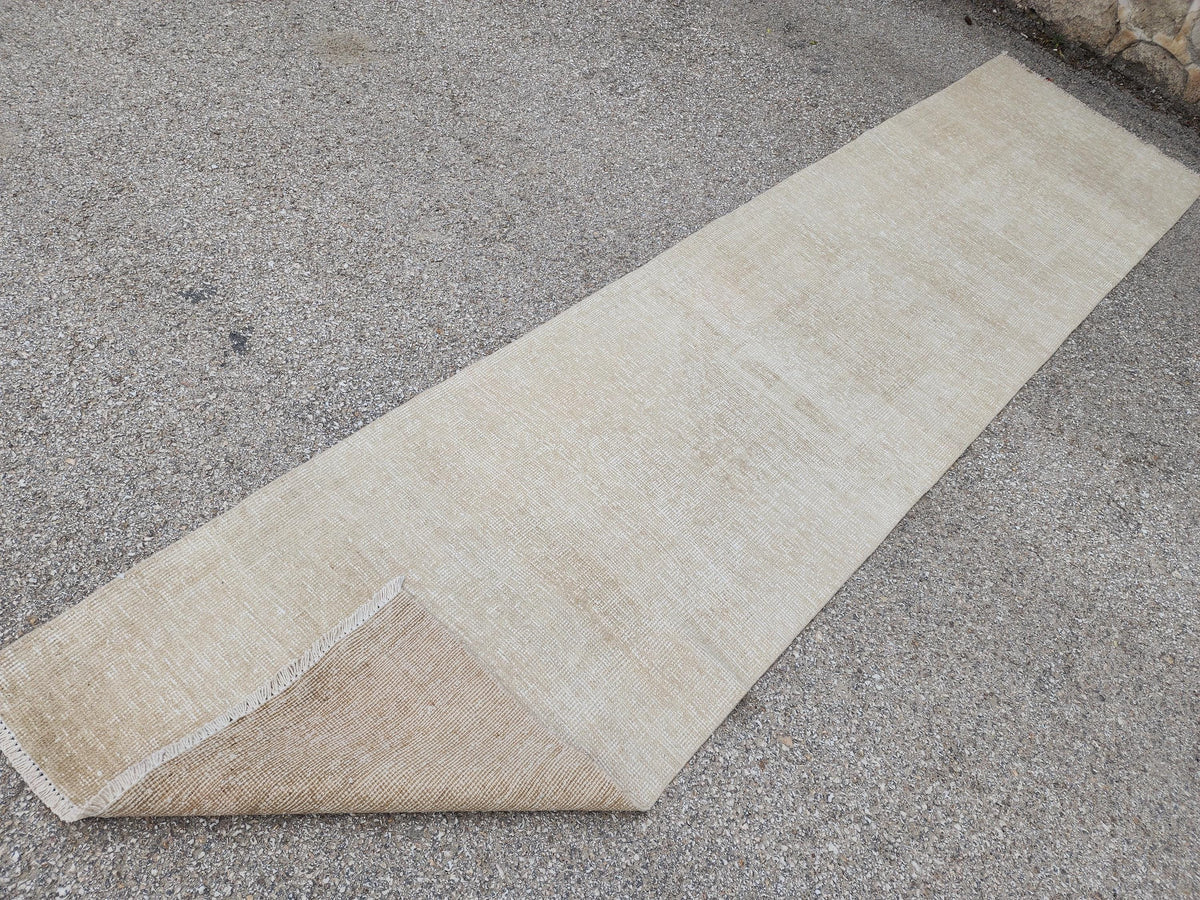 Beige Wool Runner Rug 2x11: Hand Knotted Turkish Geometric Hallway Rug