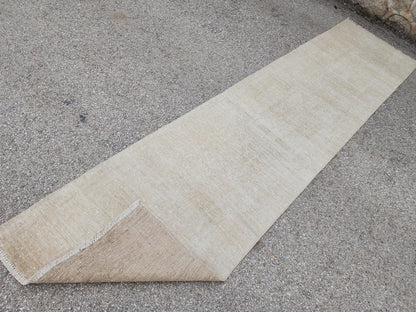 Beige Wool Runner Rug 2x11: Hand Knotted Turkish Geometric Hallway Rug