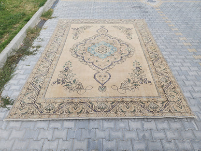Vintage Oushak Rug 9x12: Hand-Knotted Turkish Wool Area Rug