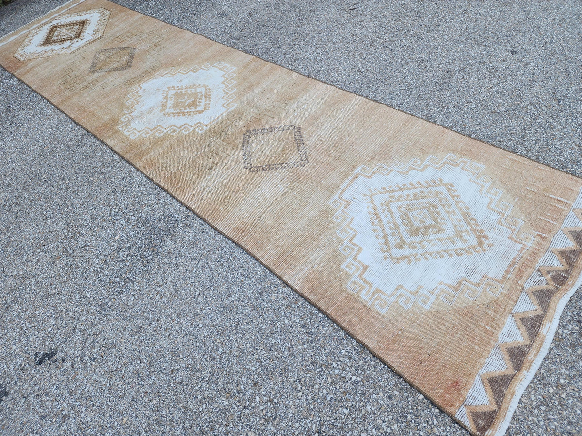 3x12 Brown Turkish Runner Rug: Neutral Geometric Farmhouse Style