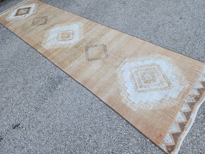 3x12 Brown Turkish Runner Rug: Neutral Geometric Farmhouse Style