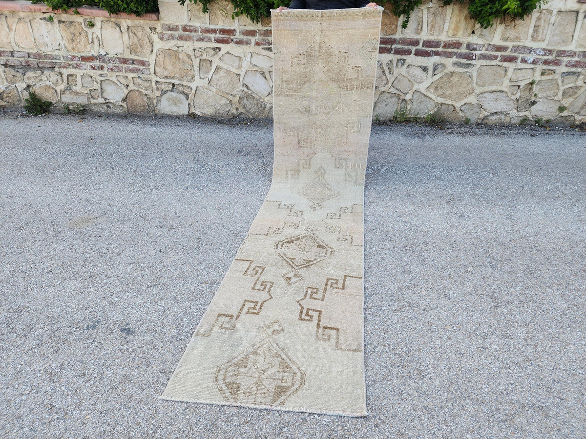 Hand Knotted Turkish Runner Rug 2x9: Neutral Geometric Farmhouse Decor