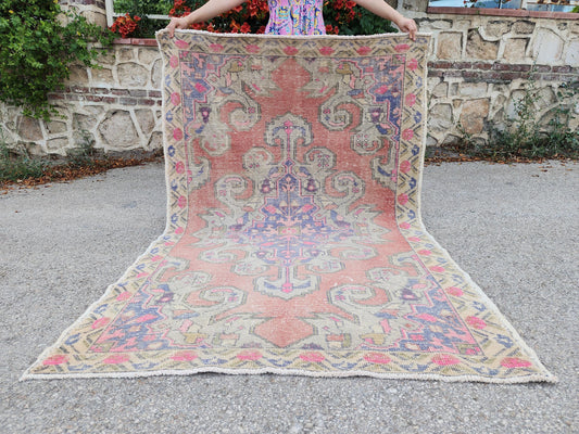 Vintage Rug 4x7, Turkish Hand Knotted Wool Carpet, Bohemian Boho Decor