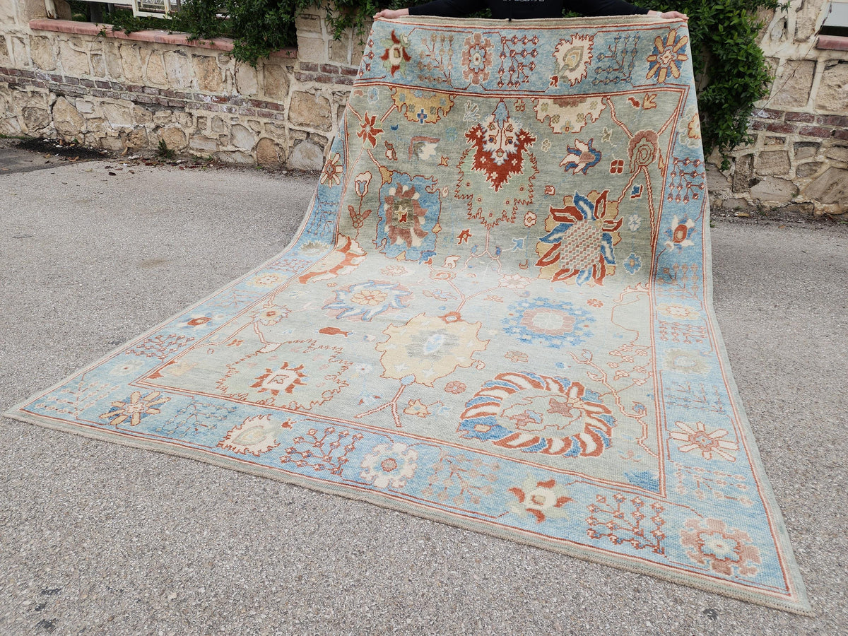 8x10 Oushak Rug, Handwoven Turkish Wool, Light Blue Terracotta Floral, Living Room Decor