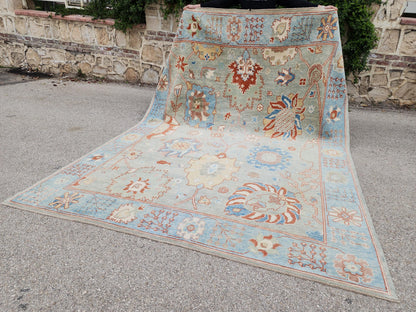 8x10 Oushak Rug, Handwoven Turkish Wool, Light Blue Terracotta Floral, Living Room Decor